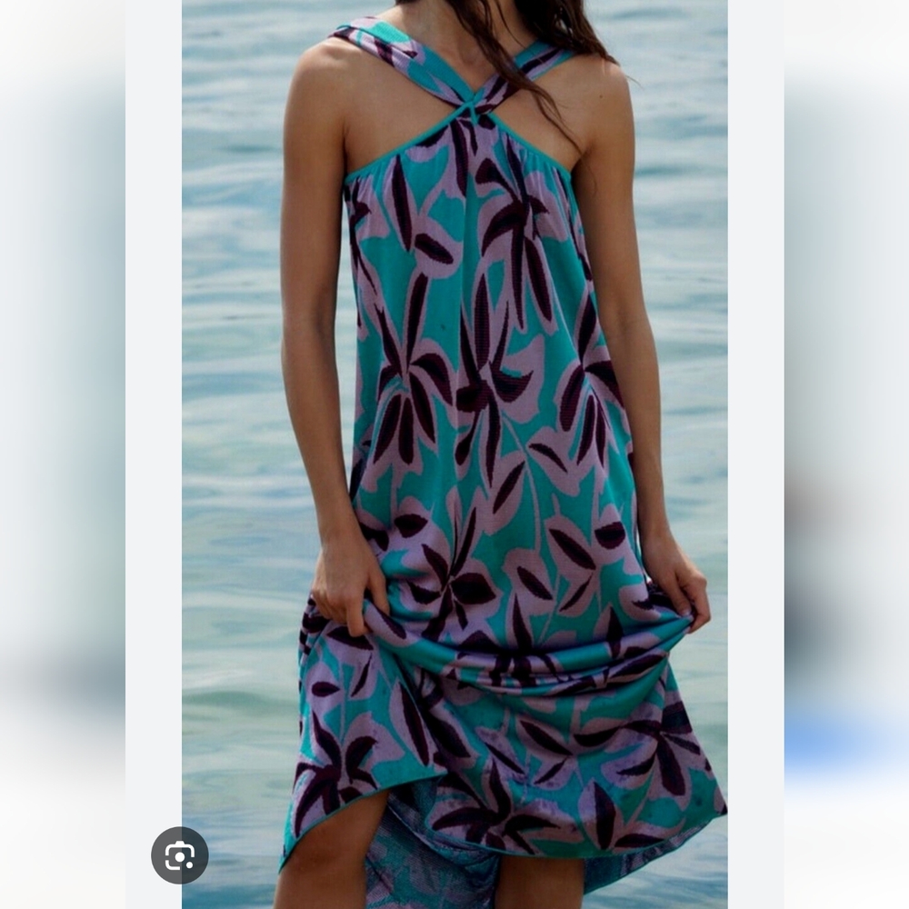 NWOT Zara Jacquard Blue Purple Knit Wrap Neckline Maxi Dress Size Small